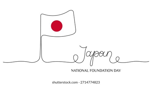 Japan Foundation Day vector design on white background, Typographic with flag. Hand drawn lettering in one line art style for national day banner poster card. Vector illustration.