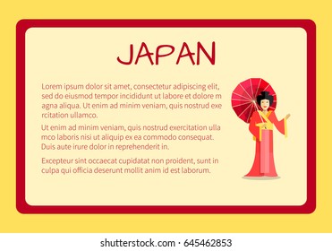 Japan framed touristic banner with national symbols and sample text. Smiling geisha in red kimono with paper umbrella flat vector illustration. Vacation in exotic country concept for travel company ad