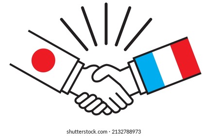 Japan and France, hands with the national flag shake hands. Image illustrations of wars, conflicts, alliances, reconciliations, agreements between nations, icons.