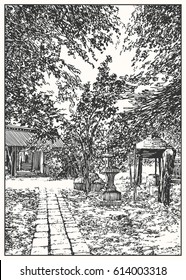 Japan garden. Black and white dashed style sketch, line art, drawing with pen and ink. Retro vintage picture.