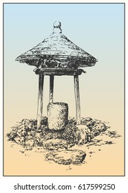 Japan garden. Black and white dashed style sketch, line art, drawing with pen and ink. Retro vintage picture.