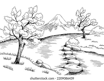 Japan garden lake graphic black white landscape sketch illustration vector