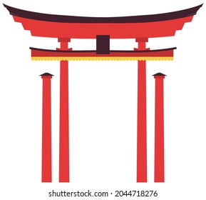 Japan gate isolated on white, torii gate, japanese gate. Chinese and Japanese architecture temple, cathedral object isolated on white. Entrance has asian style roof, decorated with hanging lanterns