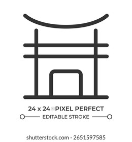 Ícone de interface do usuário da linha de portão do Japão. Arquitetura cultural, construção. Ponto de referência antigo. Turismo, patrimônio. Símbolo de contorno de vetor isolado. Elemento linear da interface do usuário do Webdesign, pixel perfect