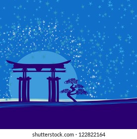Japan gate in midnight with moon