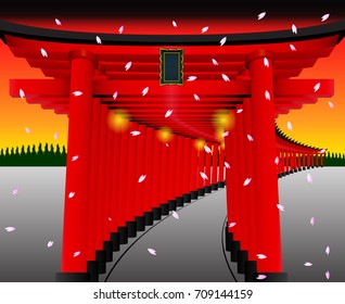 Japan Gate on Sunset background - Torii gate.Vector Illustration