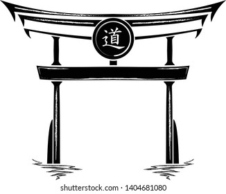 Japan gate torii silhouette isolated on white background. Vector Japanese gates symbols for logo. Vector illustration torii shinto door icons. Hieroglyph - Way.