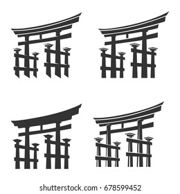 Japan gate torii silhouette set isolated on white background or vector japanese gates symbols for logo, torii shinto door icons. Vector illustration