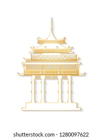Japan gateway with decorated roof in gold color isolated on white. Illustration of colorful Torii gate in flat style, traditional old asian symbol vector