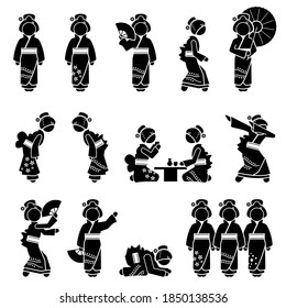 Japan Geisha or Maiko characters, icons, sign, and symbol. Vector illustration of Japanese Geisha standing, walking, bowing, dancing, dabbing, and drinking sake. Geisha holding fan and umbrella.