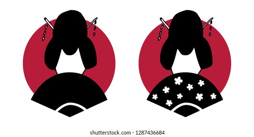 Japan Geisha oriental restaurant or salon logo design in simple and minimalism style. Traditional flat portrait illustration of Japanese girl with a fan