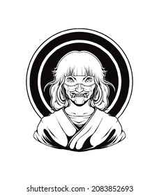 Japan Girl with oni mask illustration on red moon  silhouette