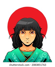 Japan Girl with red moon illustration