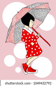 Japan girl in red polka dot dress and red jogging shoes with umbrella
