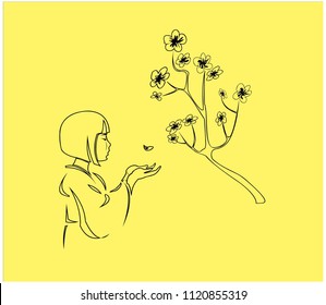 Japan girl with sakura. Japan arts
