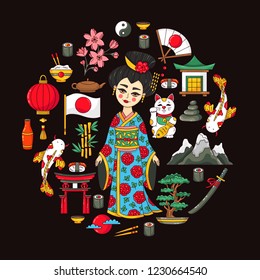 Japan girl and traditional colorful cartoon doodle icons vector set in round shape design 