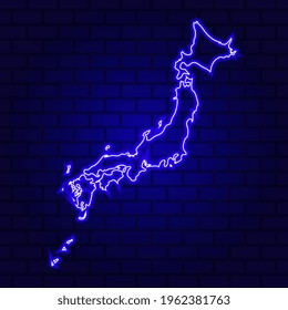 Japan Glowing Neon Sign On Brick Wall Background