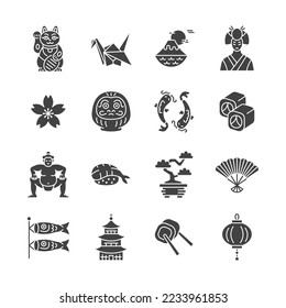 Juego de iconos de glifo de Japón. Signo vectorial tradicional japonés con sakura, origami, gato neko maneki, daruma, pez koi, sushi, pagoda, luchador de sumo, geisha. 