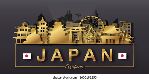Japan with Gold Travel postcard, poster, tour advertising of world famous landmarks in paper cut style. Vectors illustrations