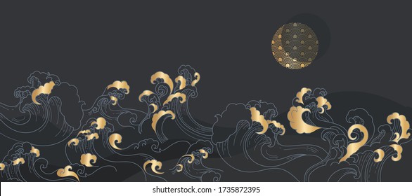 japan golden wave with the moon in dark night 