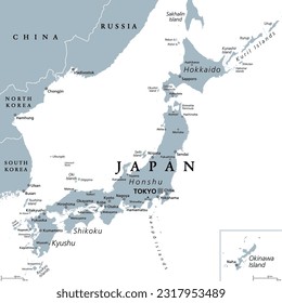 Japan, gray political map. The main islands Honshu, Hokkaido, Kyushu, Shikoku and Okinawa. East Asian island country in the North Pacific Ocean, archipelago of 14,125 islands and part of Ring of Fire.