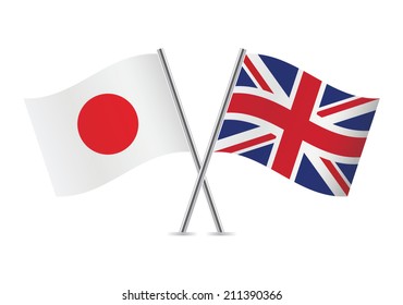 Japan and Great Britain crossed flags. Japanese and British flags on white background. Vector icon set. Vector illustration.