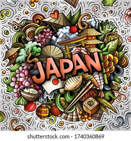 Japan hand drawn cartoon doodles illustration. Funny travel design. Creative art vector background. Handwritten text with Japanese symbols, elements and objects. Colorful composition