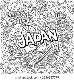 Japan hand drawn cartoon doodles illustration. Funny travel design. Creative art vector background. Handwritten text with Japanese symbols, elements and objects.