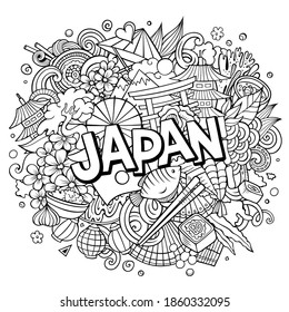 Japan hand drawn cartoon doodles illustration. Funny travel design. Creative art vector background. Handwritten text with Japanese symbols, elements and objects.