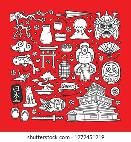 Japan Hand Drawn Doodle Vector Red Background