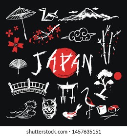 Japan hand drawn traditional elements vector set isolated on a black background.