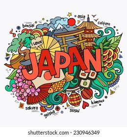 Japan hand lettering and doodles elements background. Vector illustration