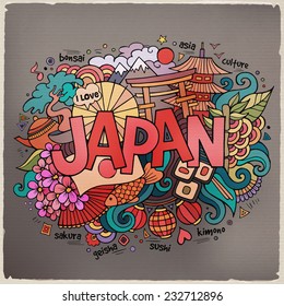 Japan hand lettering and doodles elements background. Vector illustration