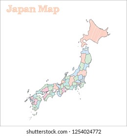 Japan hand-drawn map. Colourful sketchy country outline. Neat Japan map with provinces. Vector illustration.