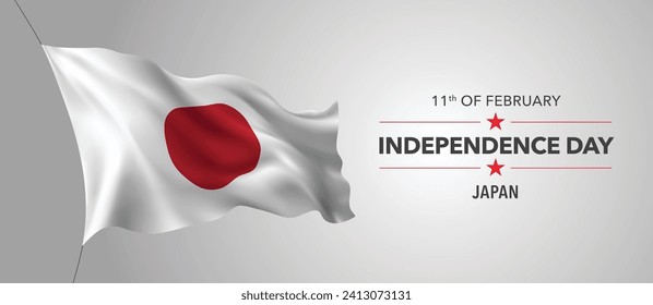 Tarjeta de saludo del Día de la Independencia de Japón, cartel con ilustraciones vectoriales de texto de plantilla. Fiesta conmemorativa japonesa 11 de febrero elemento de diseño con bandera 3D con círculo