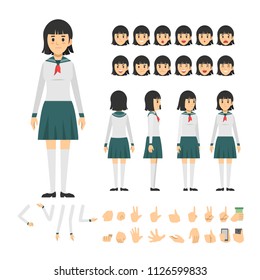 japan high school boy character girl character set. Full length. Different view, emotion, gesture.
