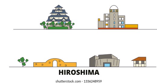Japan, Hiroshima flat landmarks vector illustration. Japan, Hiroshima line city with famous travel sights, design skyline. 