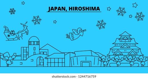 Japan, Hiroshima winter holidays skyline. Merry Christmas, Happy New Year decorated banner with Santa Claus.Japan, Hiroshima linear christmas city vector flat illustration