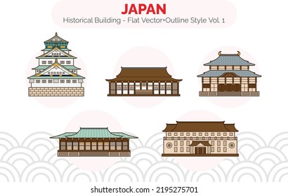 Japan Historical Building Vol.1, Flat Vector with Outline, Osaka, Kyoto, Todai Ji, Meiji, Tokyo, Museum