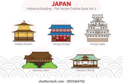 Japan Historical Building Vol.2, Flat Vector with Outline, Golden Pavilion, Sensoji Temple, Himeji Castle, Kiyomizu Dera, Yasukuni shrine