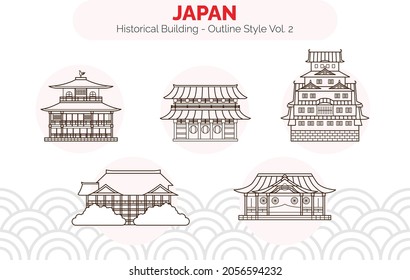 Japan Historical Building Vol.2, Outline Vector Style, Golden Pavilion, Sensoji Temple, Himeji Castle, Kiyomizu Dera, Yasukuni shrine