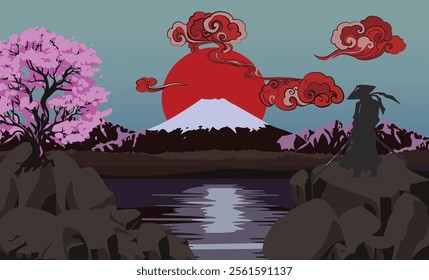 Japan history monuments and bonsai art retro poster. Samurai warrior in armor, sword, bonsai. Japan history, culture vintage banners. Japan style red clouds. Vector Illustration