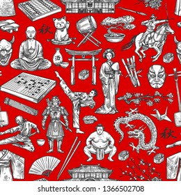 Japan history and traditional culture items seamless pattern. Vector sketch background of sushi, geisha kimono or tea ceremony cup and ikebana, Japanese samurai or Go and Shogi game, koto and shamisen