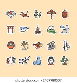 Japan Icon Color Stickers, Pins or Badges Set on White. Vector illustration of Printable Patches