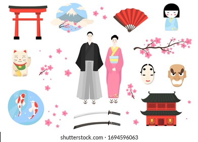 Japan icon, Japanese people vector illustration. Cartoon woman man couple character in traditional costume, girl in kimono, cherry sakura blossom. Flat Japanese culture element set isolated on white