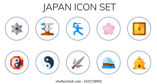 japan icon set. 10 flat japan icons.  Collection Of - shuriken, yin yang, katana, martial arts, cherry blossom, opera house, tatami, pagoda