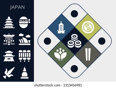 japan icon set. 13 filled japan icons.  Collection Of - Sushi, Martial arts, Temple, Pagoda, Room divider, Opera house, Ninja, Yin yang, Blossom, Chopsticks