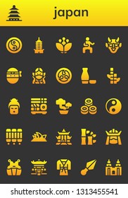 japan icon set. 26 filled japan icons.  Simple modern icons about  - Yin yang, Pagoda, Blossom, Martial arts, Hannya, Ninja, Kamon, Sake, Bamboo, Geisha, Sushi, Bonsai, Room divider