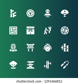 japan icon set. Collection of 16 filled japan icons included Nunchaku, Tonfa, Katana, Bonsai, Bamboo, Japanese, Torii, Kendo, Yin yang, Aikido, Martial arts, Tatami, Sensu, Fuji mountain
