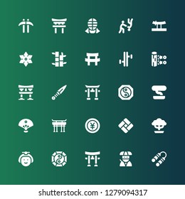 japan icon set. Collection of 25 filled japan icons included Nunchaku, Ninja, Torii, Yin yang, Japanese, Bonsai, Tatami, Yen, Torii gate, Sensu, Kunai, Tonfa, Katana, Bamboo, Shuriken